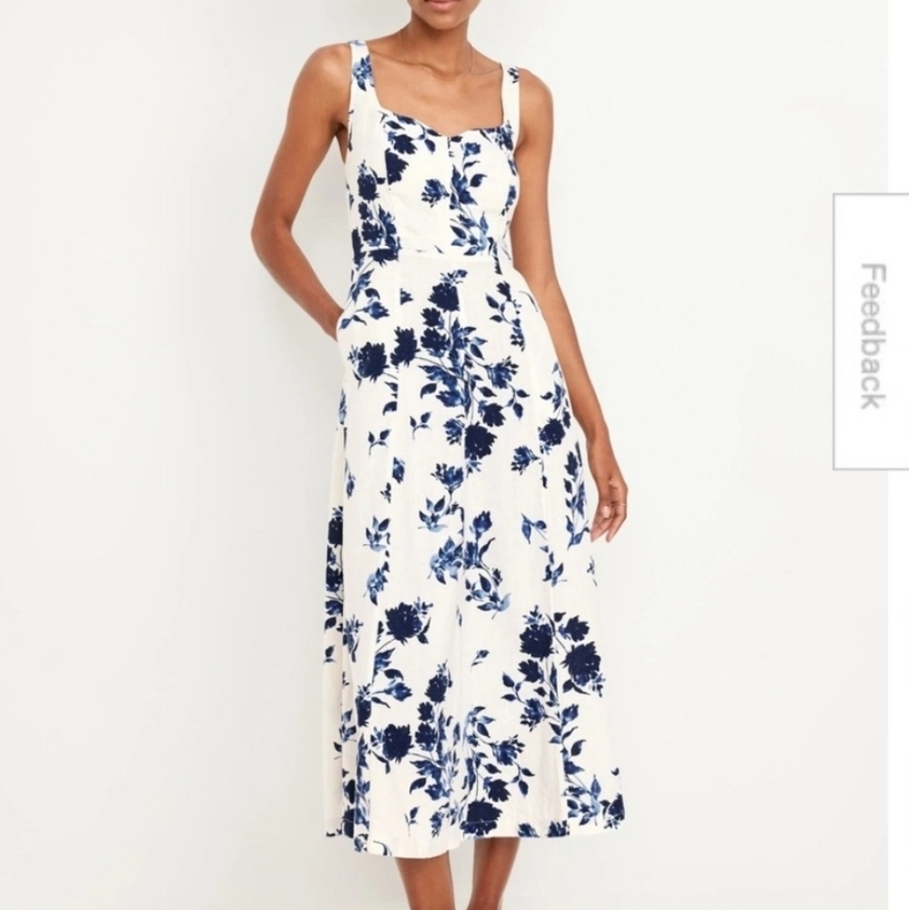 Old Navy Fit Flare Linen Blend Floral Smocked Midi Dress M Nwt